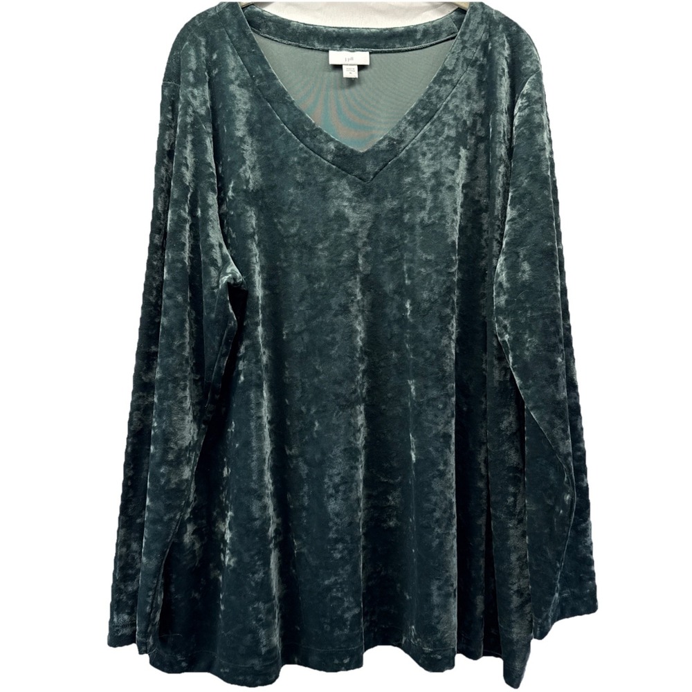 J Jill Women's Top Tunic XL Green Crushed Velvet Long Sleeves V Neck Pullover